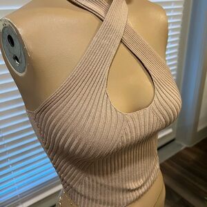 Crisscross Ribbed Knit Top - Beige